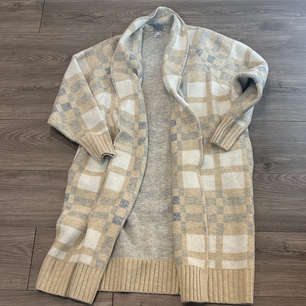 Plaid Beige and Cream long Sweater coat